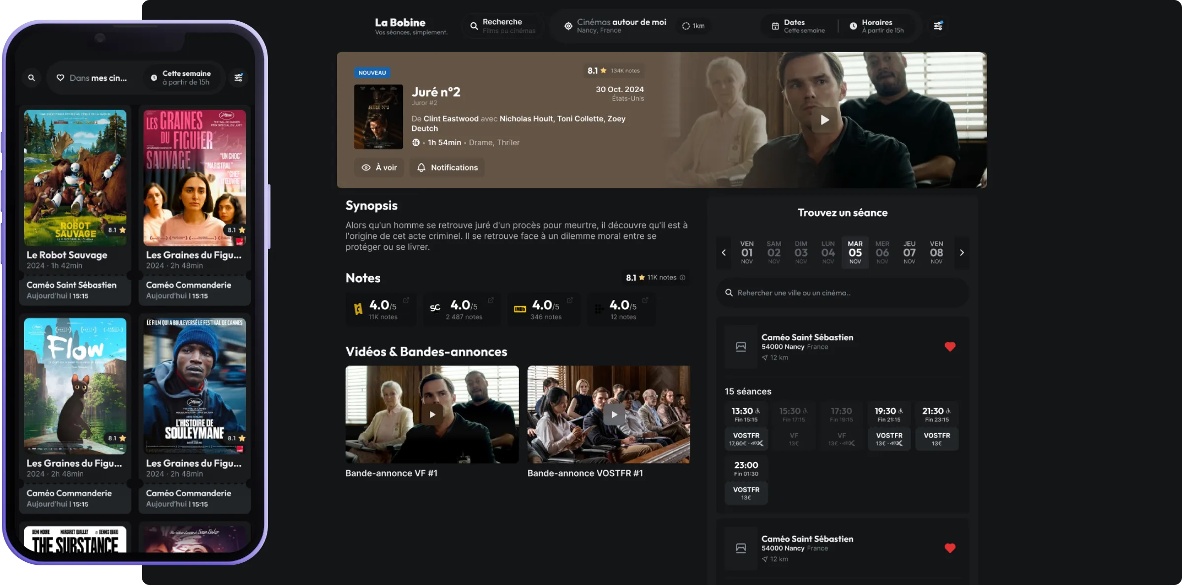 Screenshots of an app I designed La Bobine, responsive